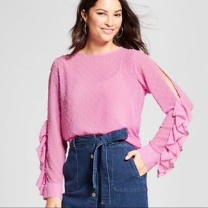 Dainty Pink Swiss Dot Ruffle Sleeve Blouse